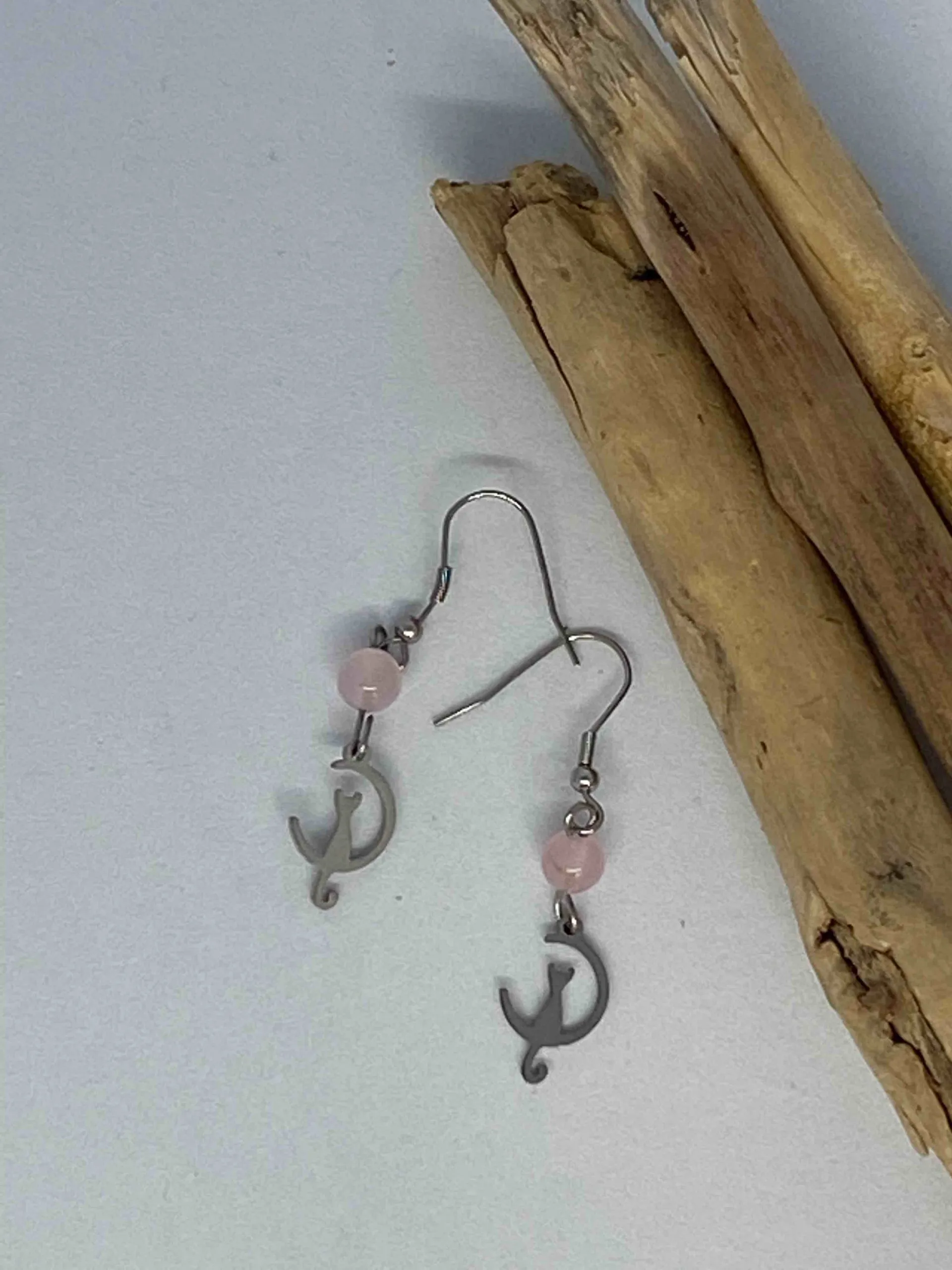 Boucles d’oreilles en acier inoxydable, breloque chat lune et pierre de morganite, morganite
