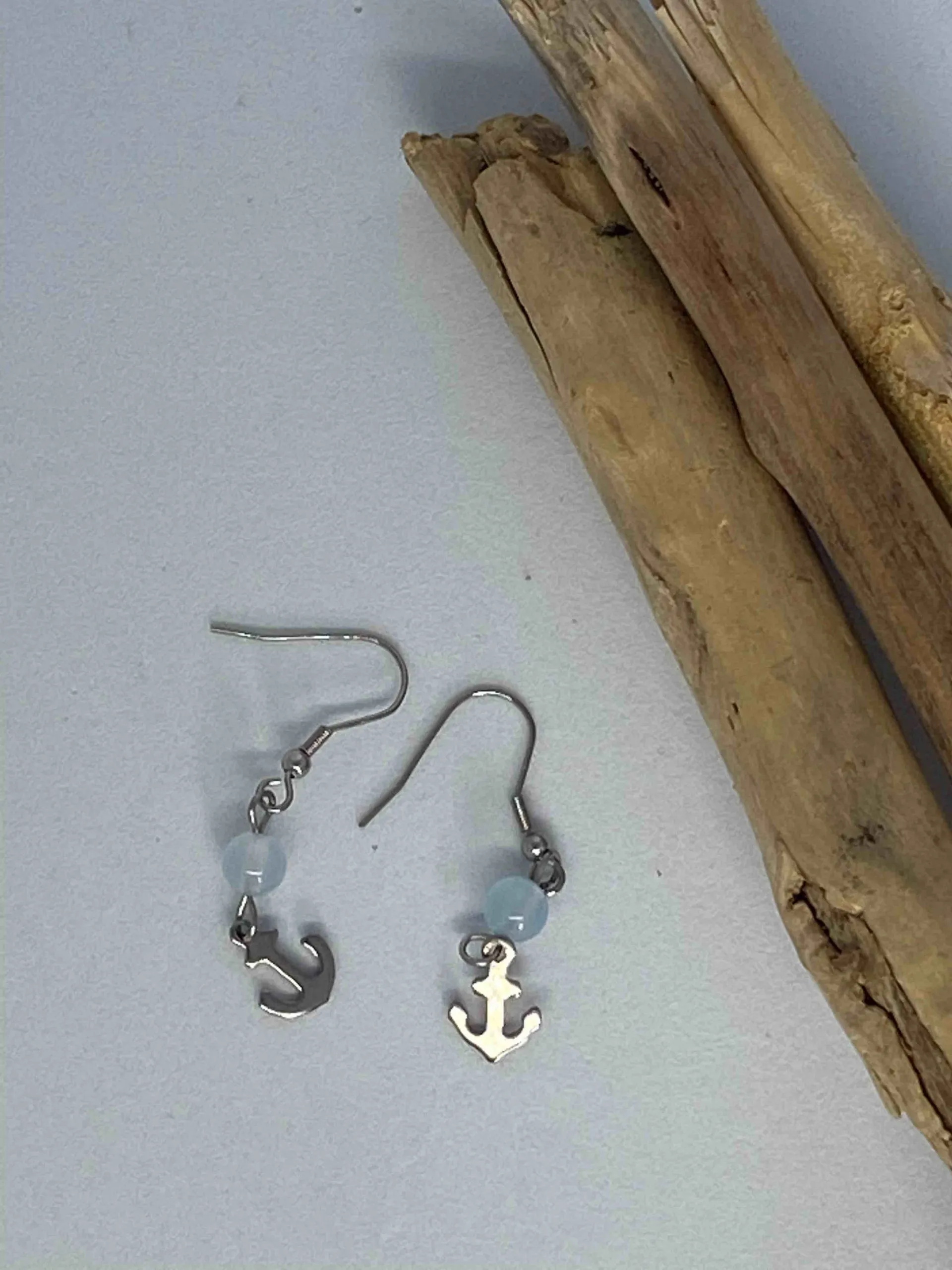 Boucles d’oreilles en acier inoxydable breloque ancre marine et pierre de morganite, morganite
