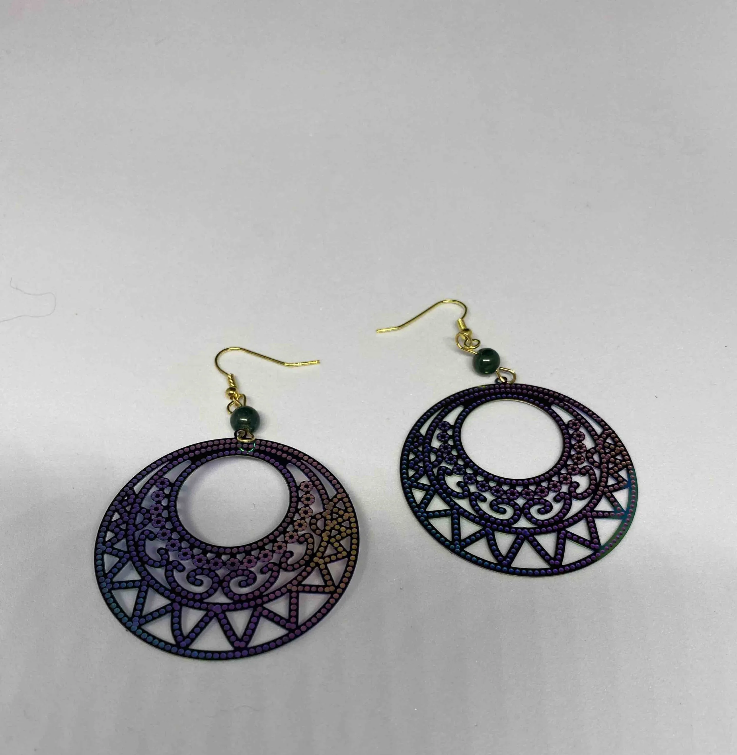 Boucles d’oreilles en acier inoxydable, rondes et pierre naturelle de malachite, malachite