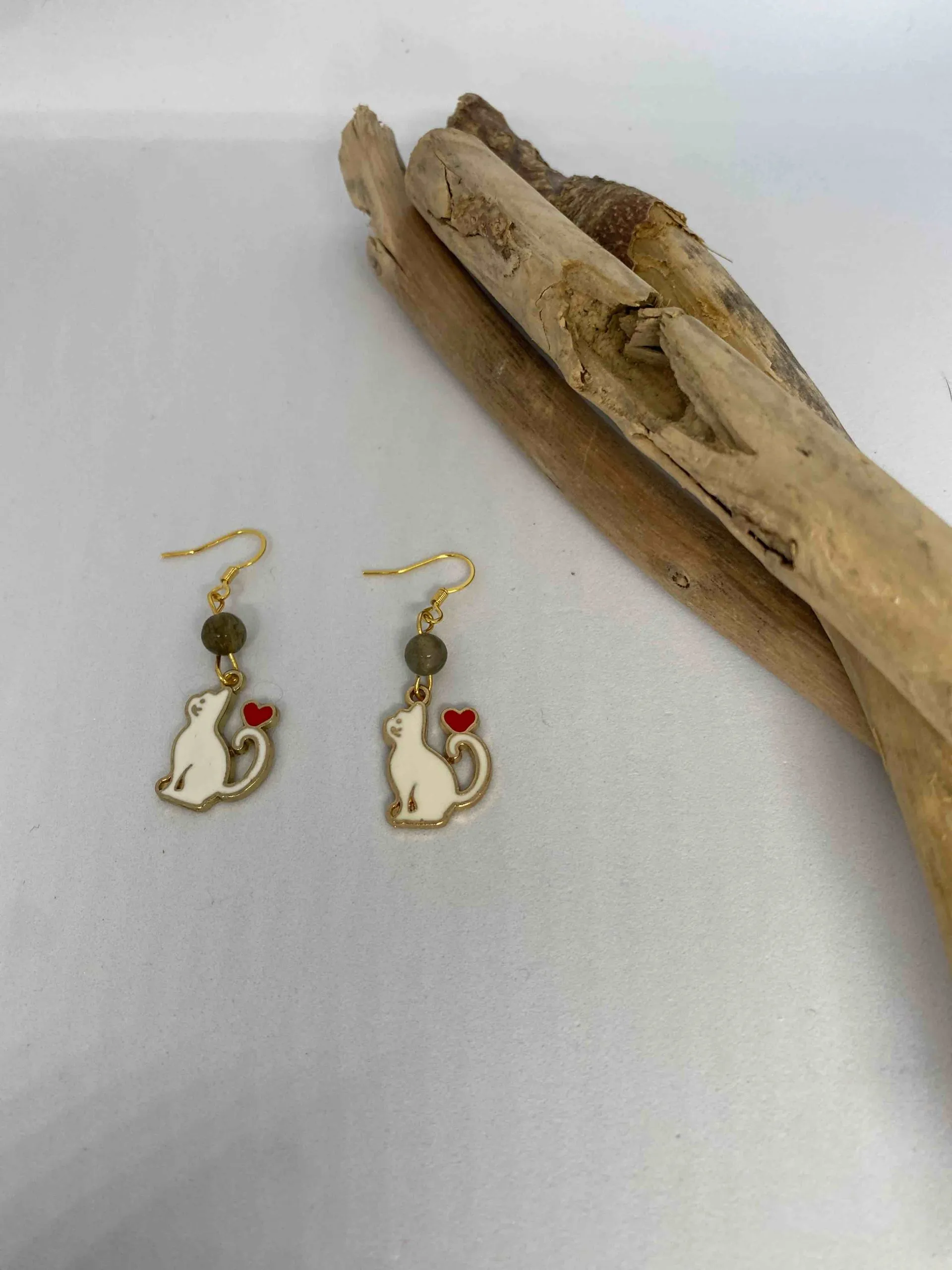 Boucles d’oreilles en acier inoxydable, pierre naturelle de labradorite et chat blanc, labradorite