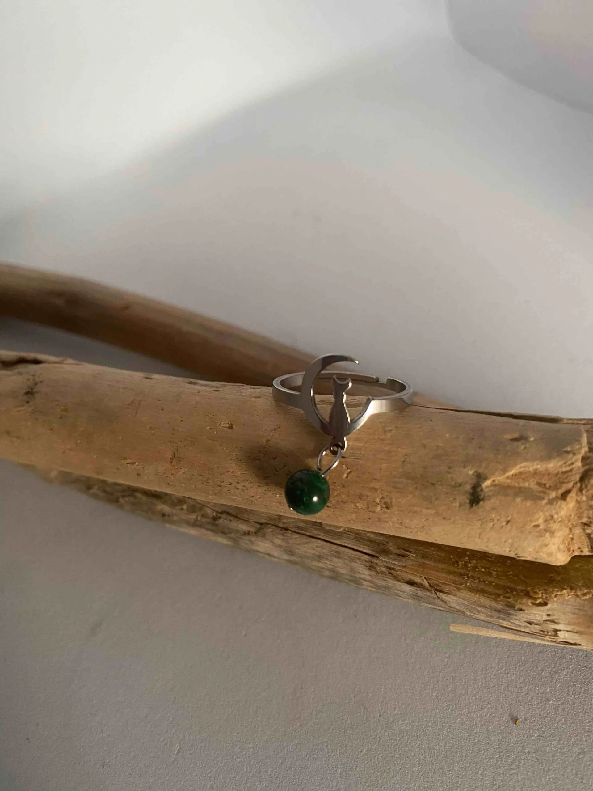 Bague en acier inoxydable, chat sur la lune et pierre naturelle de malachite, malachite