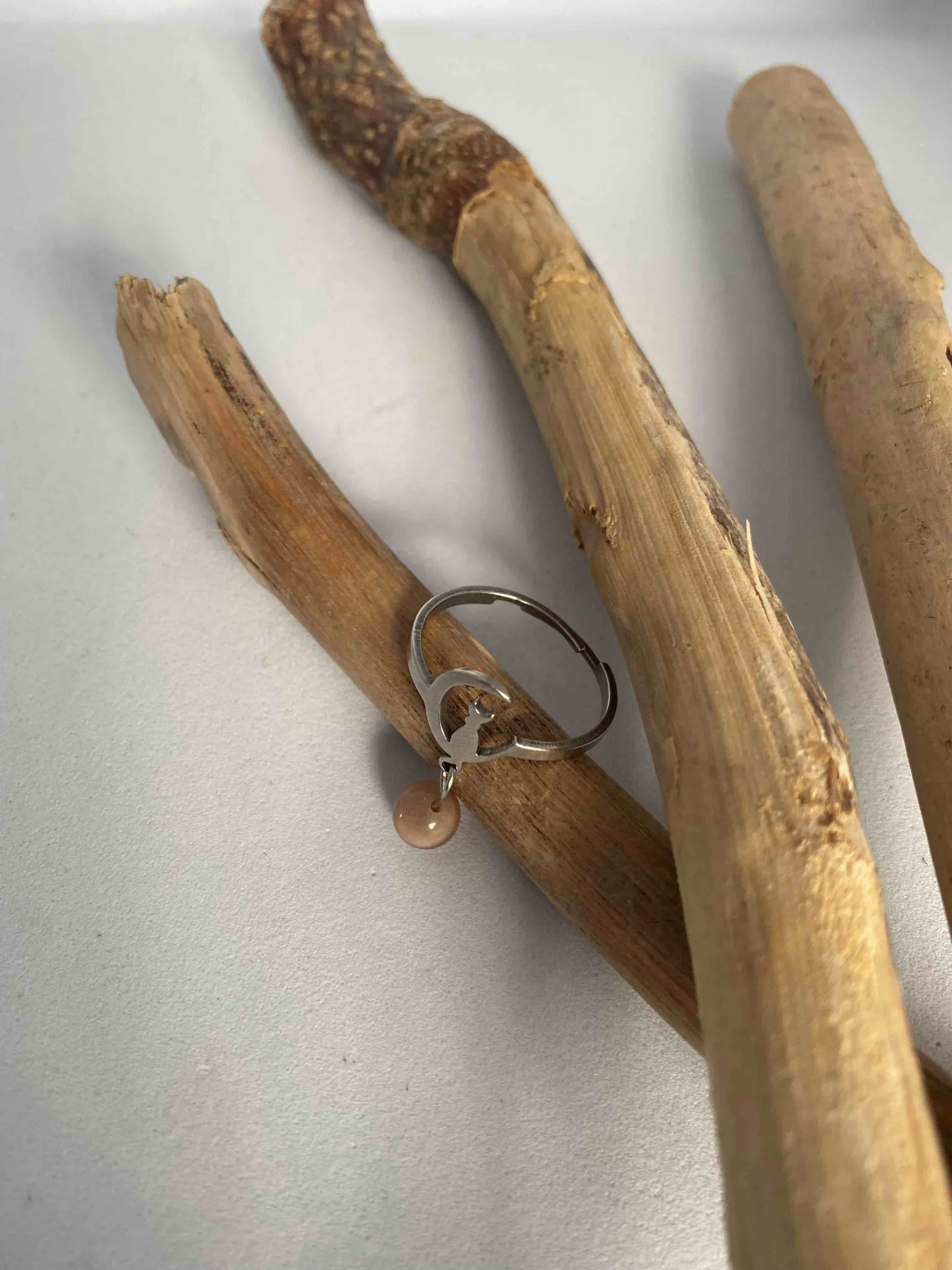 Bague en acier inoxydable, chat sur la lune et pierre naturelle de soleil, pierre de soleil