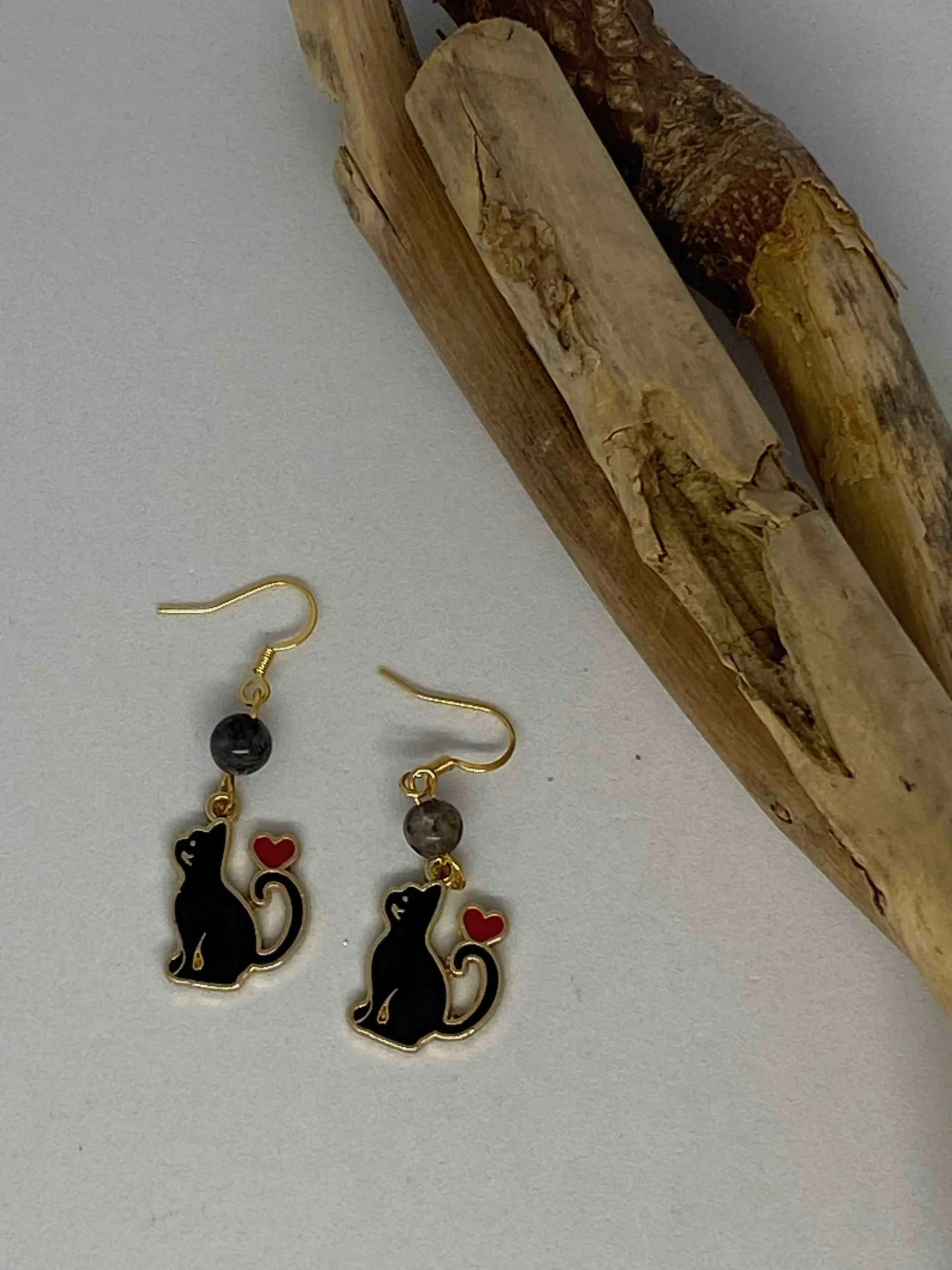 Boucles d’oreilles en acier inoxydable, breloque chat noir et pierre de labradorite, labradorite