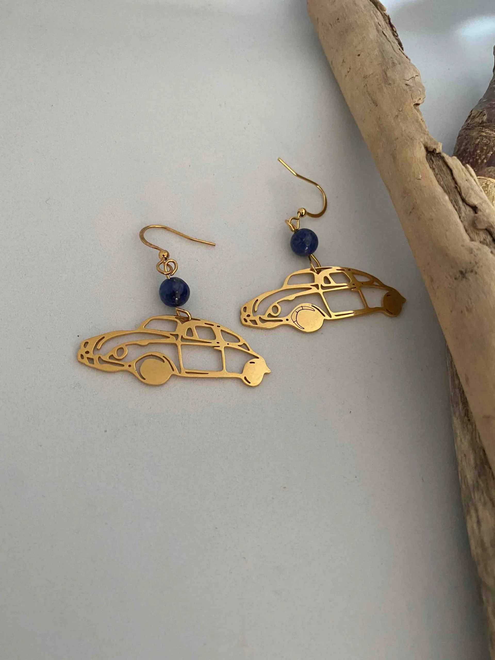 Boucles d’oreilles en acier inoxydable Coccinelle et lapis lazuli, lapis-lazuli