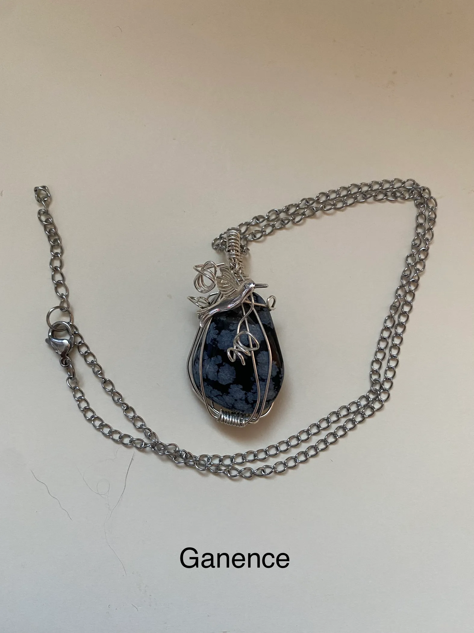 Collier en acier inoxydable et pierre naturelle obsidienne des neiges, obsidienne