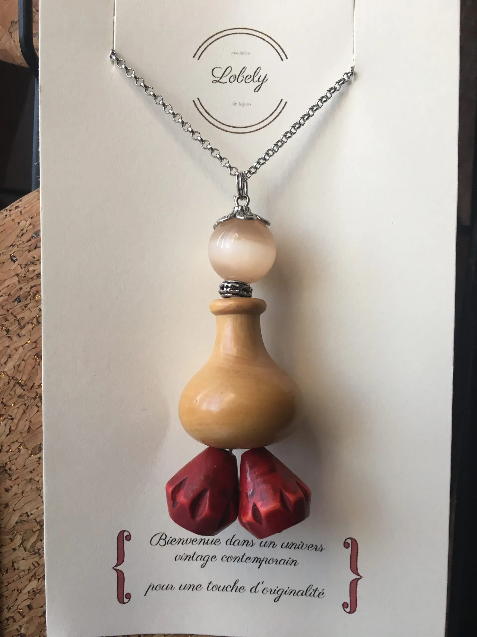 Collier « Boho Vintage, Agate Rose et Perles Rouges », agate