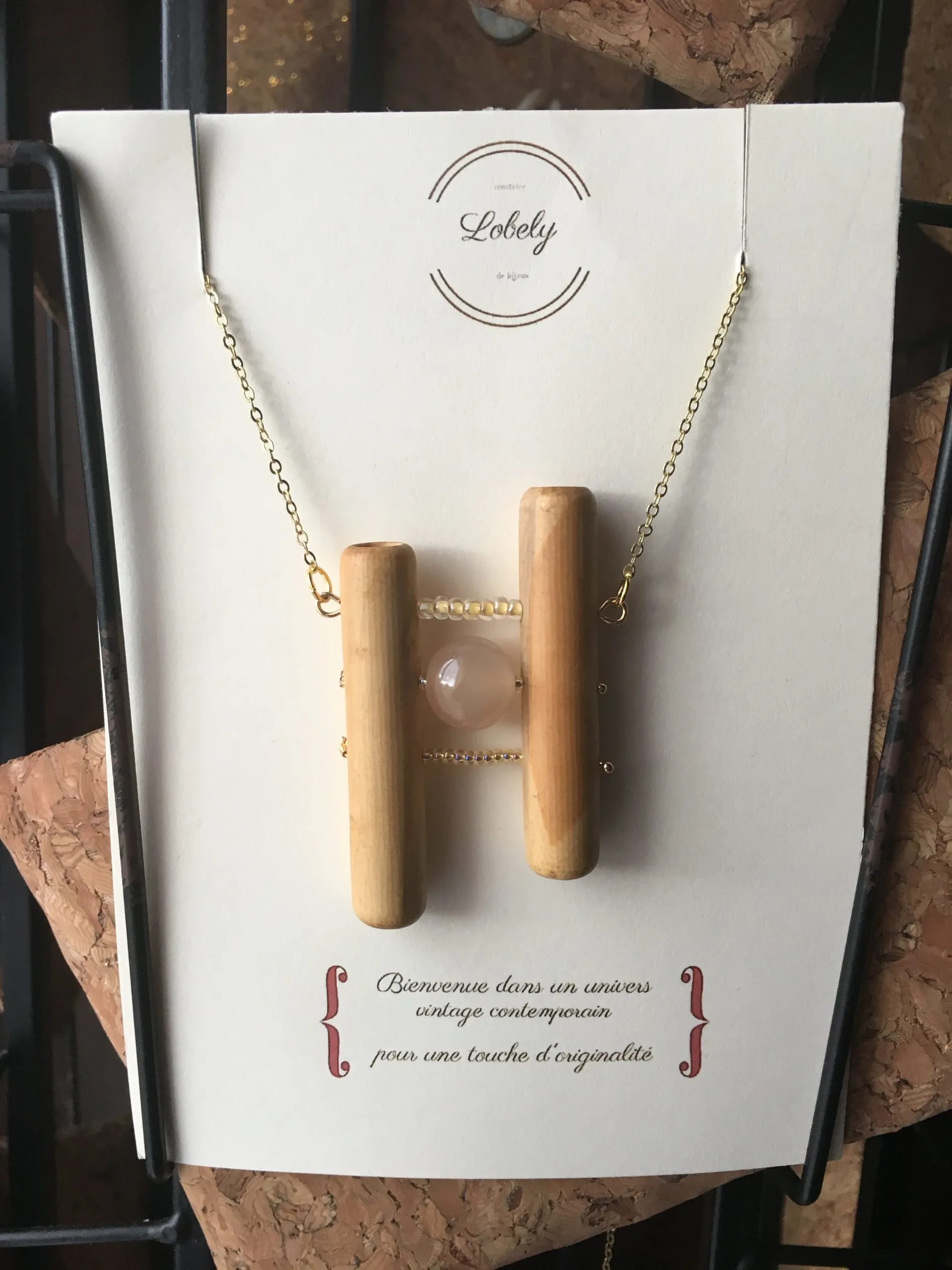Collier « Vintage Agate Rose et Perle en Bois », agate