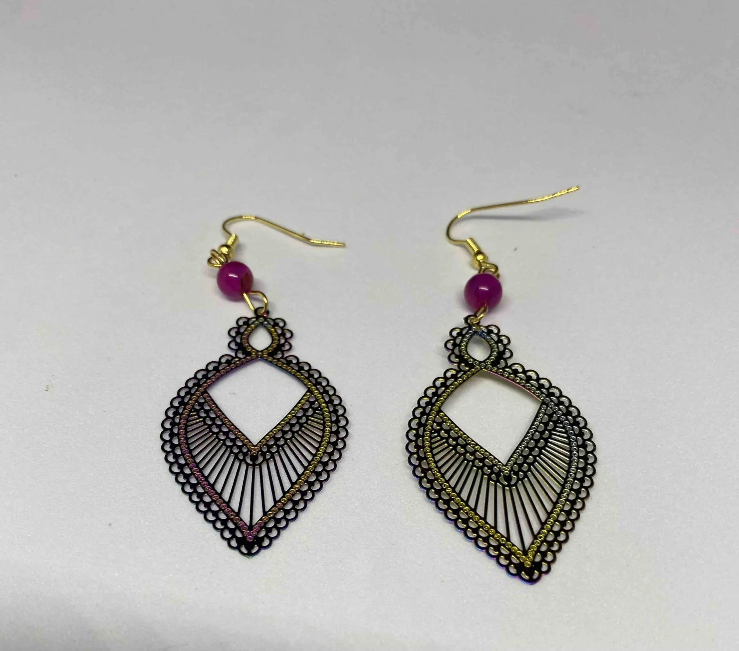 Boucles d’oreilles en acier inoxydable, grande feuille et pierre naturelle de dragon, veines de dragon